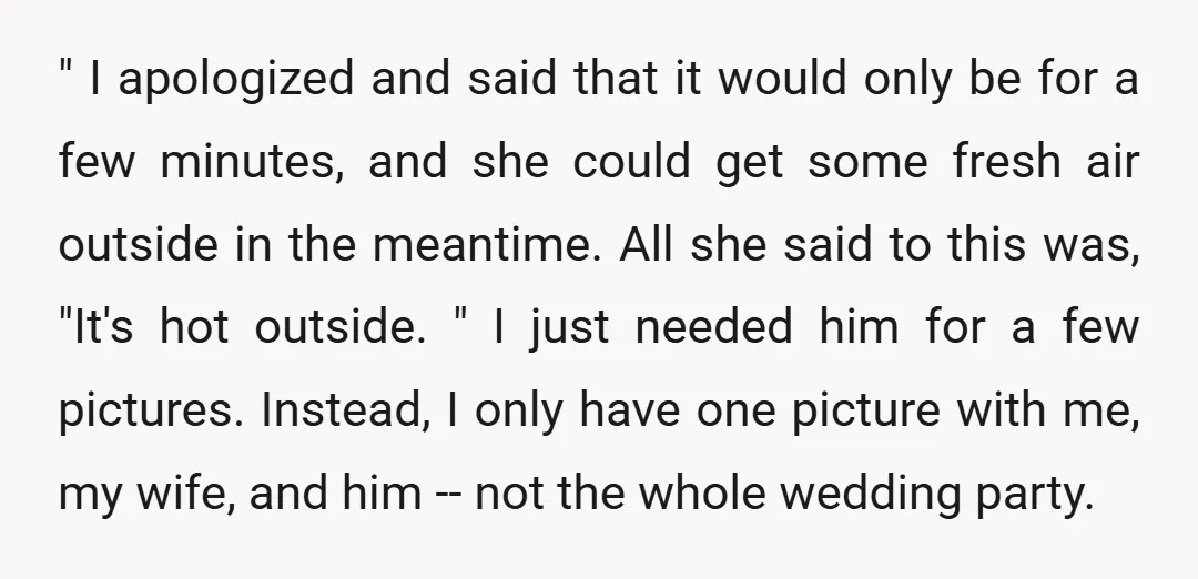 " I apologized and said that it would only be for a few minutes, and she could get some fresh air outside in the meantime. All she said to this...