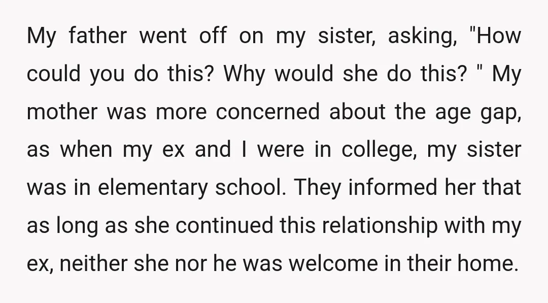 My father went off on my sister, asking, "How could you do this? Why would she do this? " My mother was more concerned about the age gap, as when...