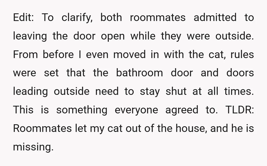Edit: To clarify, both roommates admitted to leaving the door open while they were outside. From before I even moved in with the cat, rules were set that the bathroom...
