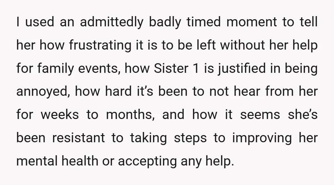 I used an admittedly badly timed moment to tell her how frustrating it is to be left without her help for family events, how Sister 1 is justified in being...