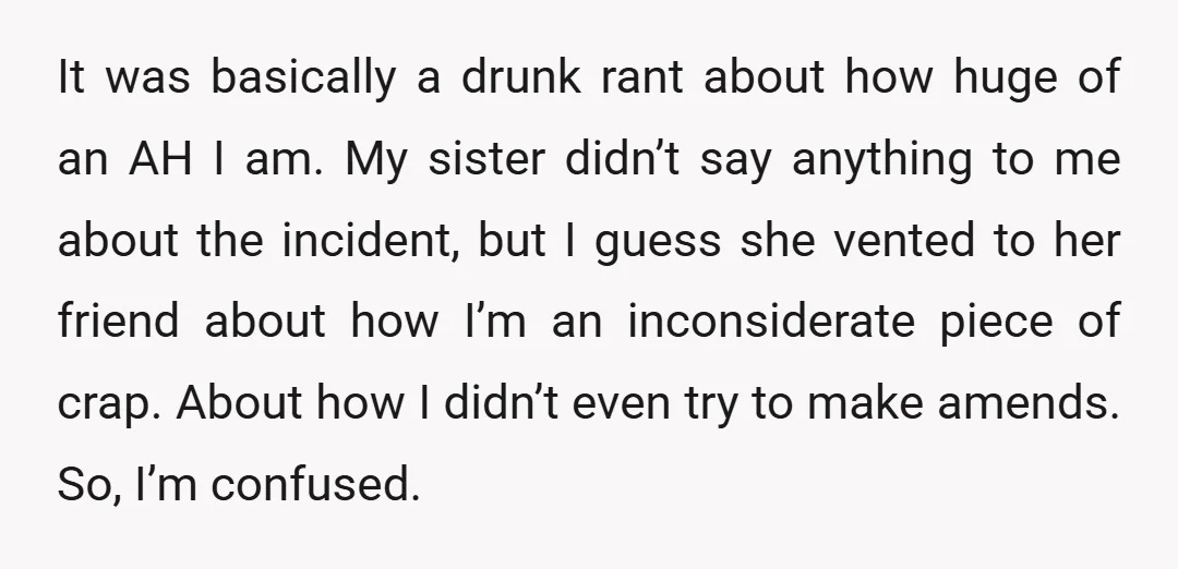 It was basically a drunk rant about how huge of an AH I am. My sister didn’t say anything to me about the incident, but I guess she vented to...