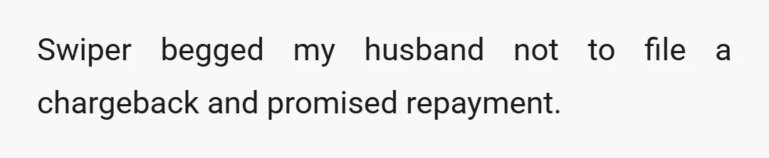 Swiper begged my husband not to file a chargeback and promised repayment.