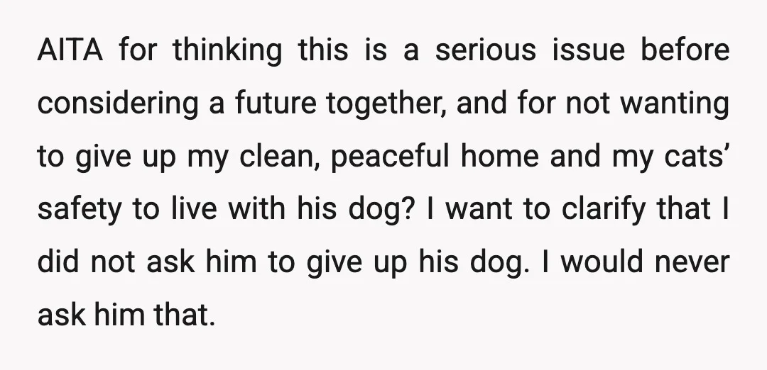 AITA for thinking this is a serious issue before considering a future together, and for not wanting to give up my clean, peaceful home and my cats’ safety to live...