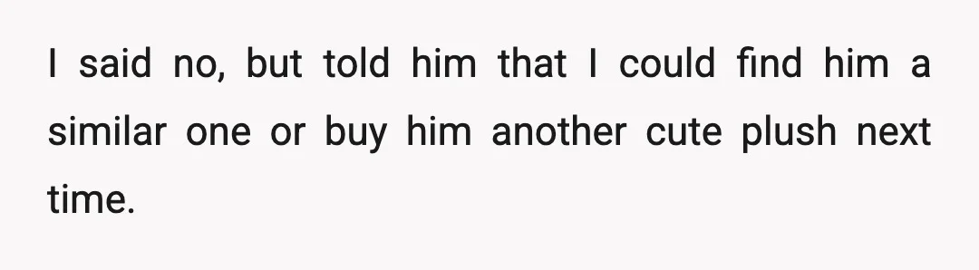 I said no, but told him that I could find him a similar one or buy him another cute plush next time.