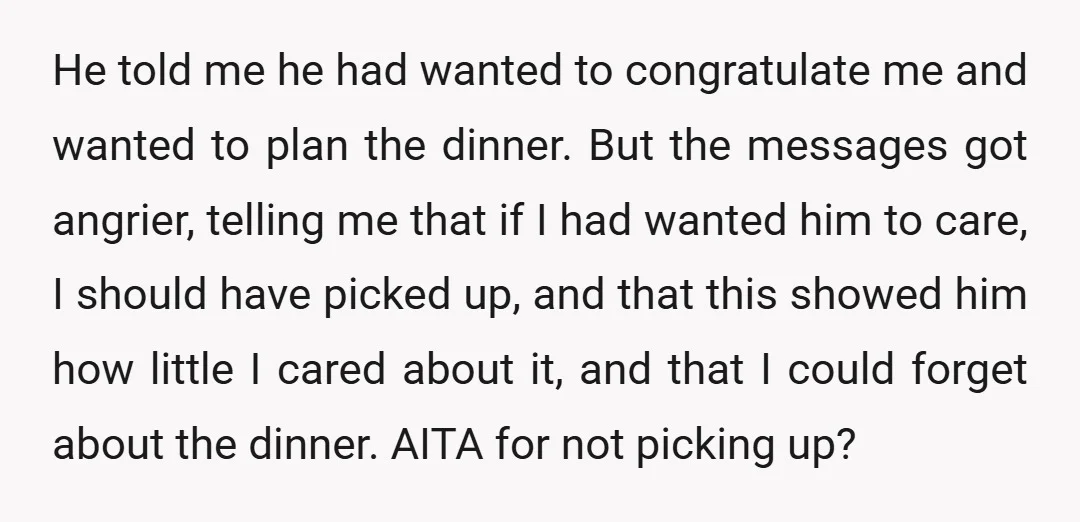 He told me he had wanted to congratulate me and wanted to plan the dinner. But the messages got angrier, telling me that if I had wanted him to care,...