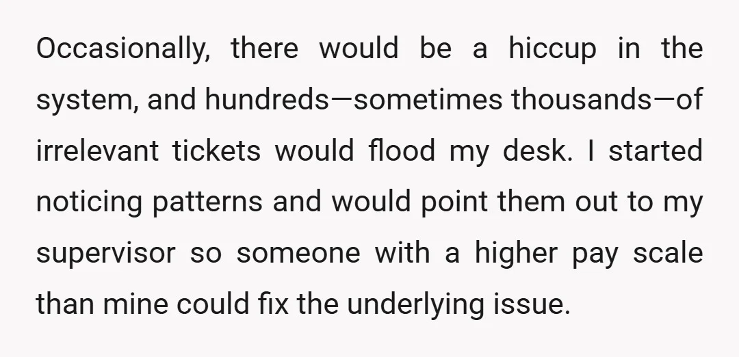 Occasionally, there would be a hiccup in the system, and hundreds—sometimes thousands—of irrelevant tickets would flood my desk. I started noticing patterns and would point them out to my supervisor...