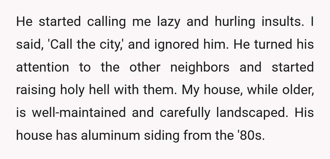 He started calling me lazy and hurling insults. I said, 'Call the city,' and ignored him. He turned his attention to the other neighbors and started raising holy hell with...
