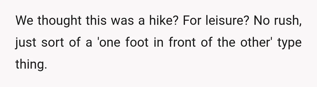 We thought this was a hike? For leisure? No rush, just sort of a 'one foot in front of the other' type thing.