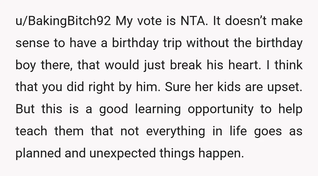 My reasoning is that this trip was supposed to be Andrew's birthday present. NTA You don't leave the birthday kid out of his own birthday present. The others were just...