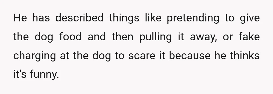 He has described things like pretending to give the dog food and then pulling it away, or fake charging at the dog to scare it because he thinks it's funny.