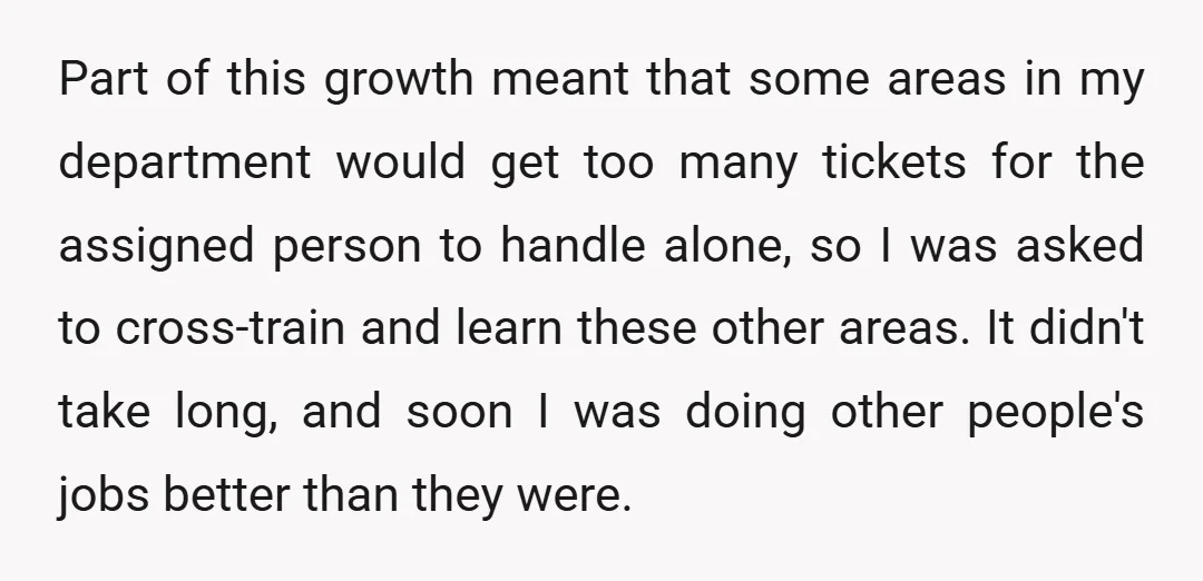Part of this growth meant that some areas in my department would get too many tickets for the assigned person to handle alone, so I was asked to cross-train and...