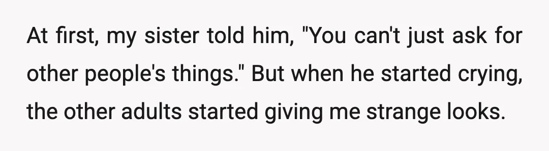 At first, my sister told him, "You can't just ask for other people's things." But when he started crying, the other adults started giving me strange looks.