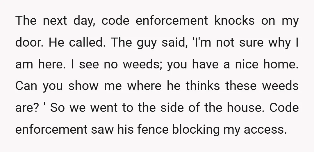 The next day, code enforcement knocks on my door. He called. The guy said, 'I'm not sure why I am here. I see no weeds; you have a nice home....