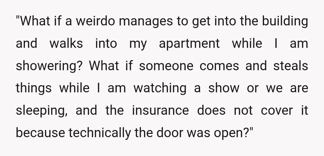 "What if a weirdo manages to get into the building and walks into my apartment while I am showering? What if someone comes and steals things while I am watching...