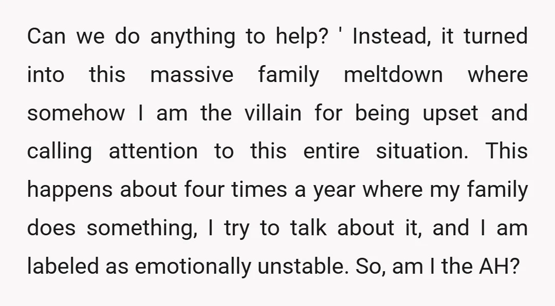 Can we do anything to help? ' Instead, it turned into this massive family meltdown where somehow I am the villain for being upset and calling attention to this entire...