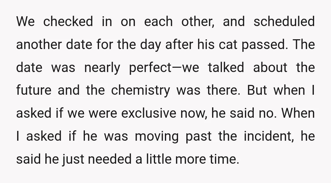 We checked in on each other, and scheduled another date for the day after his cat passed. The date was nearly perfect—we talked about the future and the chemistry was...
