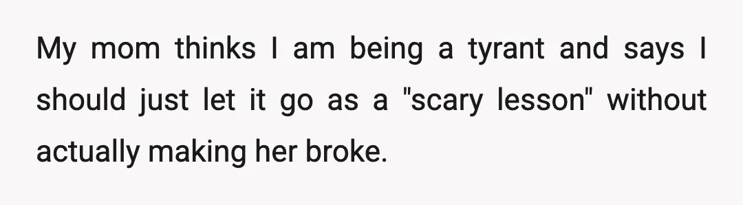 My mom thinks I am being a tyrant and says I should just let it go as a "scary lesson" without actually making her broke.