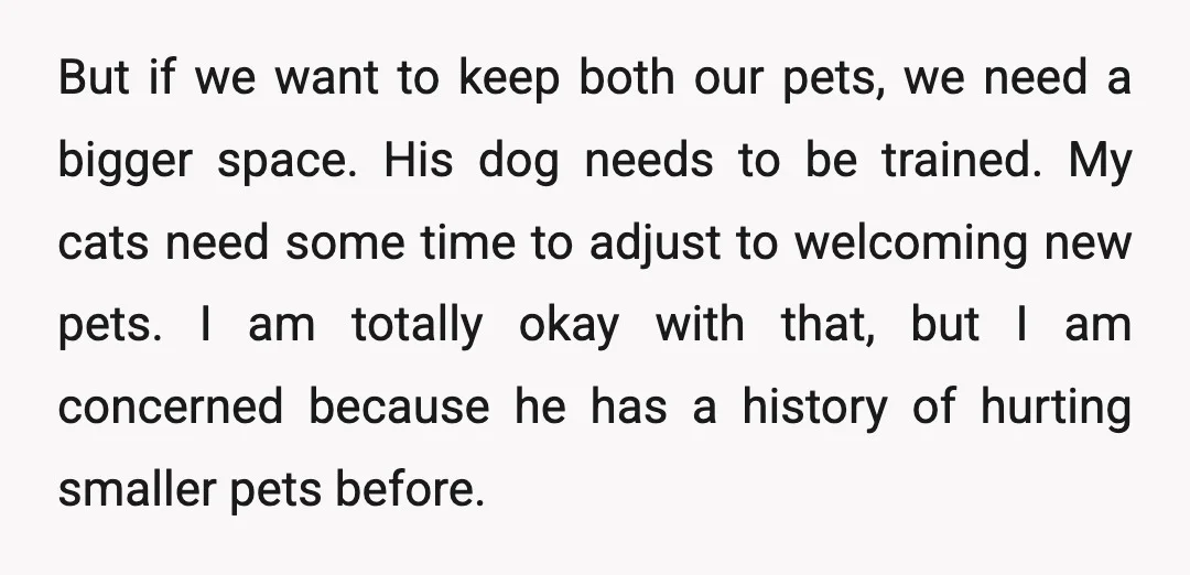 But if we want to keep both our pets, we need a bigger space. His dog needs to be trained. My cats need some time to adjust to welcoming new...