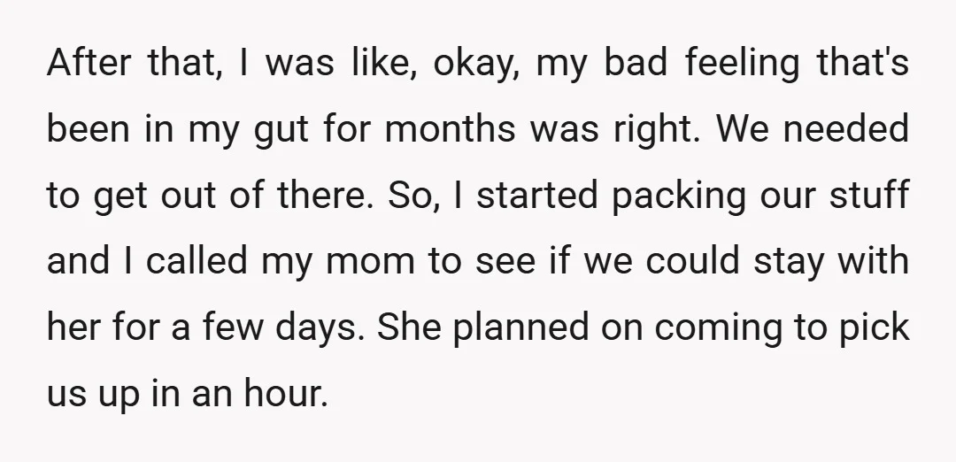 After that, I was like, okay, my bad feeling that's been in my gut for months was right. We needed to get out of there. So, I started packing our...