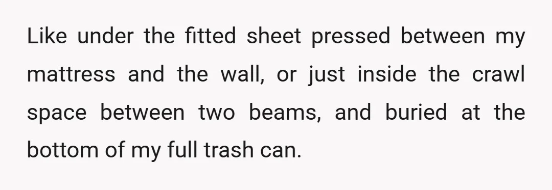 Like under the fitted sheet pressed between my mattress and the wall, or just inside the crawl space between two beams, and buried at the bottom of my full trash...