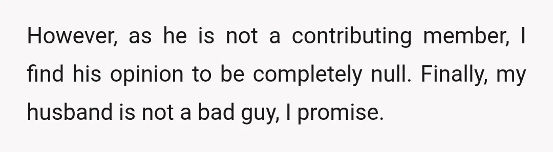 However, as he is not a contributing member, I find his opinion to be completely null. Finally, my husband is not a bad guy, I promise.