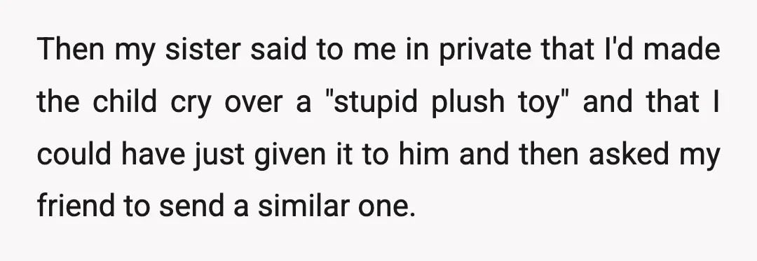 Then my sister said to me in private that I'd made the child cry over a "stupid plush toy" and that I could have just given it to him and...