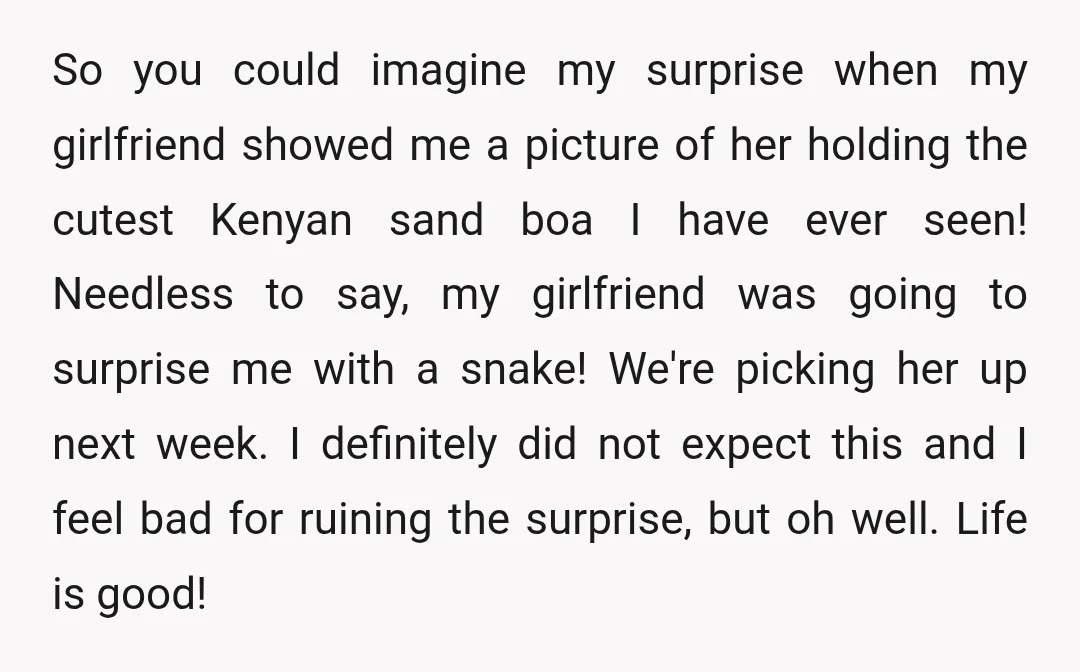 So you could imagine my surprise when my girlfriend showed me a picture of her holding the cutest Kenyan sand boa I have ever seen! Needless to say, my girlfriend...