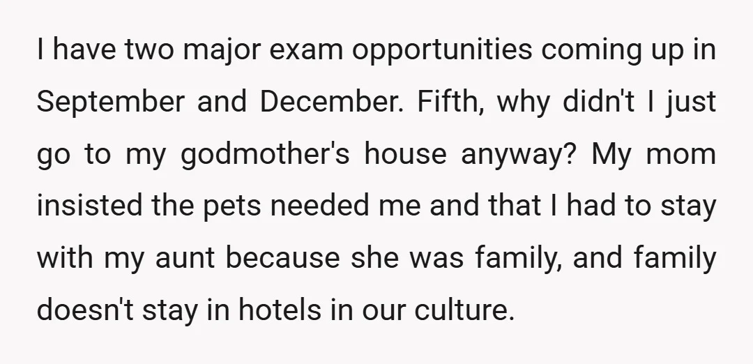 I have two major exam opportunities coming up in September and December. Fifth, why didn't I just go to my godmother's house anyway? My mom insisted the pets needed me...
