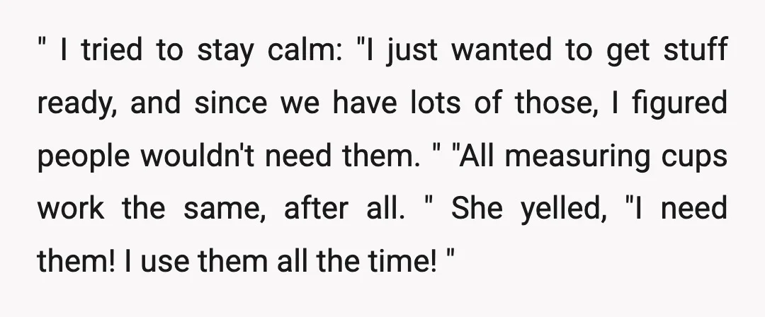 " I tried to stay calm: "I just wanted to get stuff ready, and since we have lots of those, I figured people wouldn't need them. " "All measuring cups...