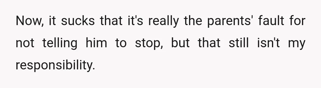 Now, it sucks that it's really the parents' fault for not telling him to stop, but that still isn't my responsibility.