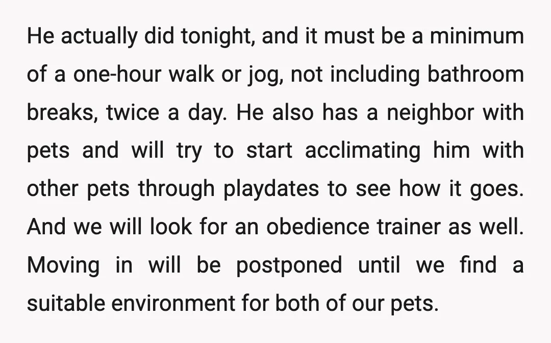 He actually did tonight, and it must be a minimum of a one-hour walk or jog, not including bathroom breaks, twice a day. He also has a neighbor with pets...