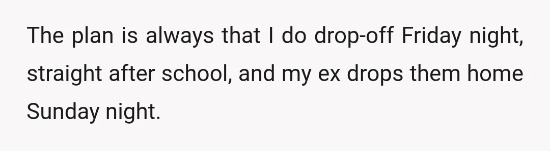 The plan is always that I do drop-off Friday night, straight after school, and my ex drops them home Sunday night.