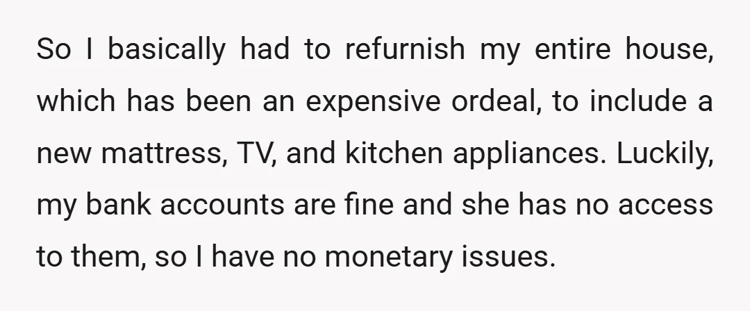 So I basically had to refurnish my entire house, which has been an expensive ordeal, to include a new mattress, TV, and kitchen appliances. Luckily, my bank accounts are fine...