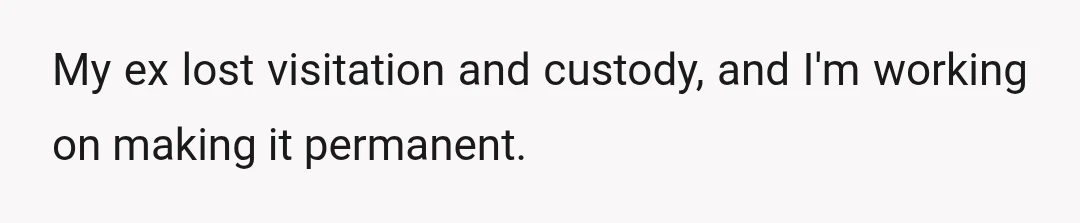 My ex lost visitation and custody, and I'm working on making it permanent.