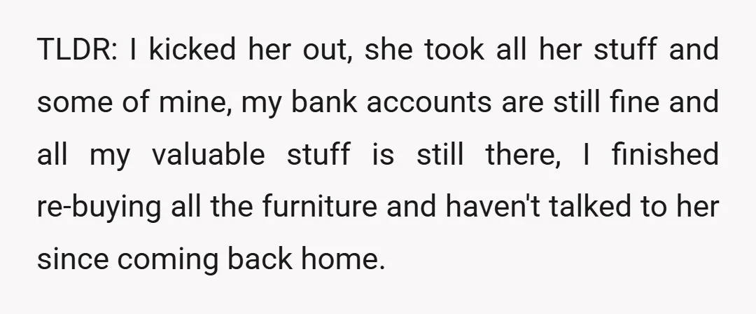 TLDR: I kicked her out, she took all her stuff and some of mine, my bank accounts are still fine and all my valuable stuff is still there, I finished...