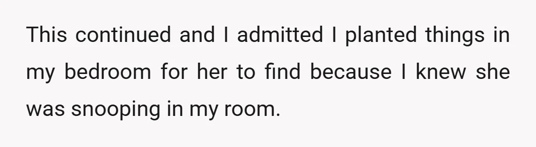 This continued and I admitted I planted things in my bedroom for her to find because I knew she was snooping in my room.