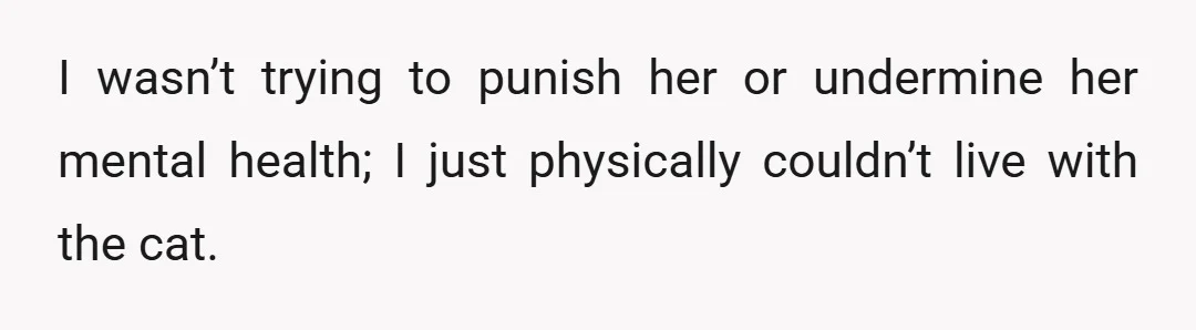 I wasn’t trying to punish her or undermine her mental health; I just physically couldn’t live with the cat.