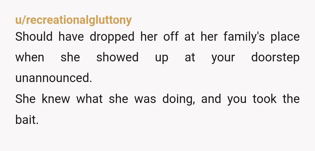 u/recreationalgluttony
Should have dropped her off at her family's place when she showed up at your doorstep unannounced.
She knew what she was doing, and you took the bait.