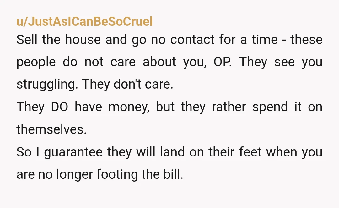 u/JustAsICanBeSoCruel Sell the house and go no contact for a time - these people do not care about you, OP. They see you struggling. They don't care. They DO have...