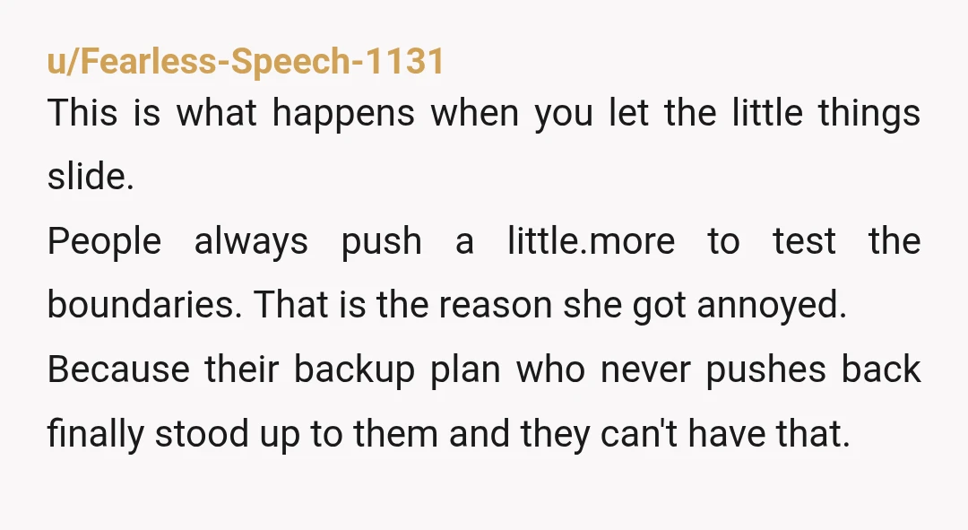 u/Fearless-Speech-1131 This is what happens when you let the little things slide. People always push a little.more to test the boundaries. That is the reason she got annoyed. Because their...
