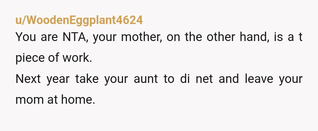 u/WoodenEggplant4624
You are NTA, your mother, on the other hand, is a t piece of work.
Next year take your aunt to di net and leave your mom at home.