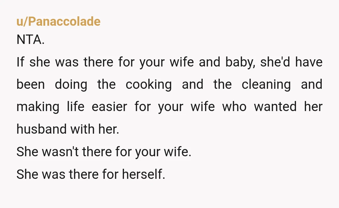 u/Panaccolade NTA. If she was there for your wife and baby, she'd have been doing the cooking and the cleaning and making life easier for your wife who wanted her...