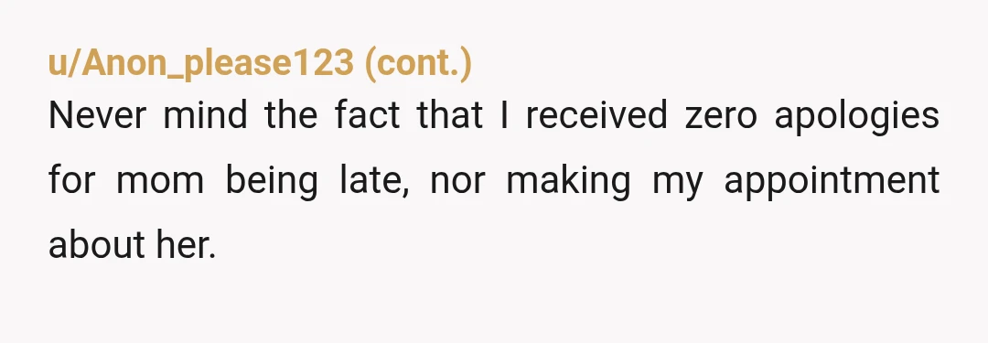 u/LucyBarefoot NTA. She does realize this is YOUR wedding, not HERS right? At least she now realizes you won't wait on her to get around to showing up so you...