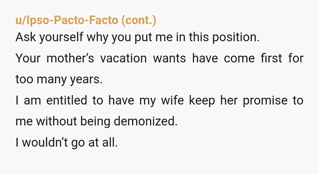 u/Aidyn_the_Grey NTA. Well maybe a slight E S H for allowing your wife to take your kids on a vacation they are sure to hate. Your wife needs to put...