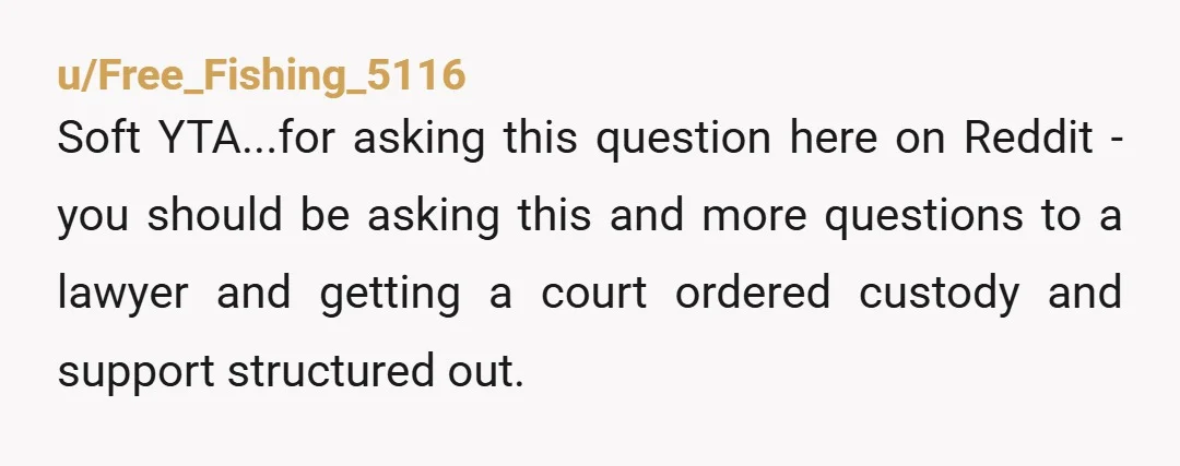 u/Free_Fishing_5116 Soft YTA...for asking this question here on Reddit - you should be asking this and more questions to a lawyer and getting a court ordered custody and support structured...