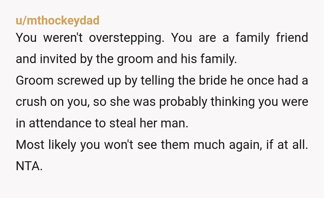 u/Soft-Fault5638 If you’re that insecure about your man, then maybe this ain’t the right relationship. NTA Edit: also, how is her family on board for this nonsense😭😭. Are they all...