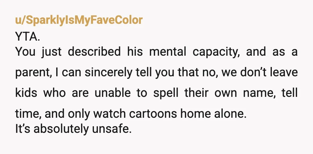 u/SparklyIsMyFaveColor YTA. You just described his mental capacity, and as a parent, I can sincerely tell you that no, we don’t leave kids who are unable to spell their own...