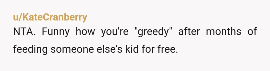 u/KateCranberry
NTA. Funny how you're "greedy" after months of feeding someone else's kid for free.