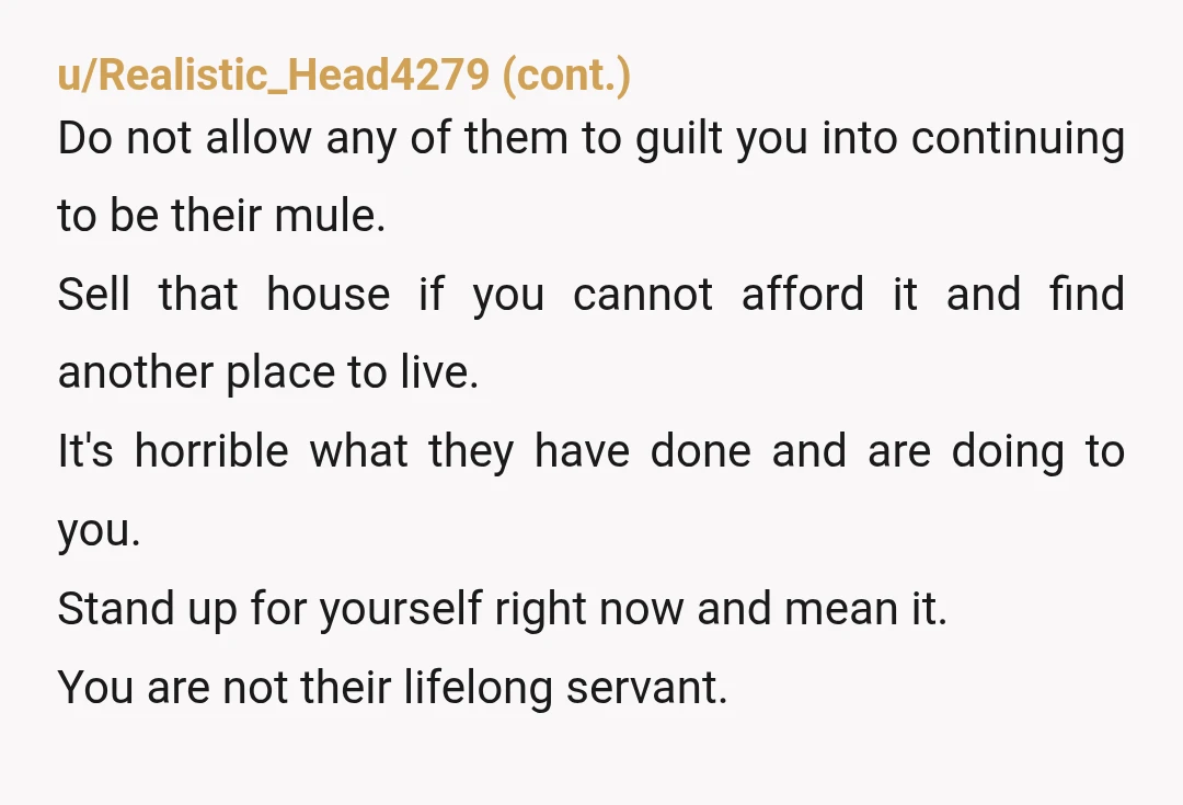 u/Ready_Willingness_82 NTA. NTA. NTA. You have two options: either sell the house or lease rooms to tenants who will pay their rent on time. You warned your family that this...