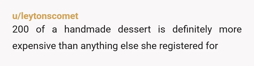 u/leytonscomet
200 of a handmade dessert is definitely more expensive than anything else she registered for